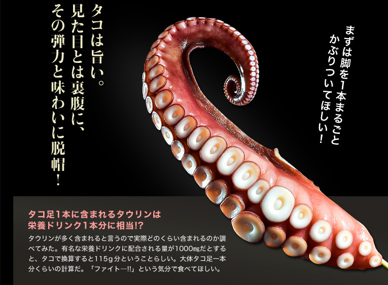 タコは旨い。 見た目とは裏腹に、 その弾力と味わいに脱帽!