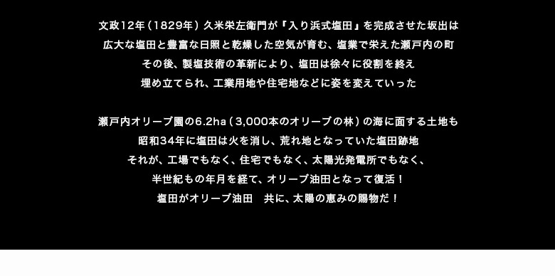 地域の人たちと共に!瀬戸内オリーブ代表 松浦玲子
2011年12月1日創業の株式会社瀬戸内オリーブは、代表の松浦玲子の郷土への想いが具現化したプロジェクト会社だ。
昭和30年代まで塩田業を営んでいた父から受け継いだ土地には、バブル時代は数多くの買取オファーが集まった。さらに、東日本大震災後の太陽光発電ブームで、ソーラーパネル設置の話も舞い込んだが、松浦は決して首を縦には振らなかった。
理由は未秩序な開発は地域を分断してしまうし、太陽光発電では地元の雇用は生まれないし、坂出地域の活性化には繋がらないからだ。
先祖代々受け継いできた土地は、郷土の人のものであり、郷土の人の手で、郷土の人のために有効活用されるべきという、松浦の信念がある。
松浦玲子は医師だった母に憧れ、東京女子医大に入学している。
医師を志したものの、同じ医師を目指す夫と出会い、学生結婚をした後、大学を中退。家族のために時間を使う人生を選んだ。
家庭に入り、子育てする傍らで、母と夫が勤務していた坂出市の回生病院の患者の多くから、退院後の暮らしに様々な不便があるとの話を聞いていたことから、在宅介護などを行う、福祉サービス会社を昭和52年に設立。
さらに、父が経営する建設会社や坂出の港を管理するマリーナの代表を勤めるなど、地域に根付いた事業や活動を展開してきた。
『地域の人たちの支えがあって、福祉や建設業やNPOなどを続けて来られた。』
との想いがあり、いつか、そうした人たちへ恩返しの意味もあり、地域振興に貢献することをしたいと考えていた。
2011年 香川県のオリーブ産業支援事業が始まる
香川県は日本各地でオリーブ栽培が始まった事に危機感を感じ、県内オリーブ産業の振興と競争力強化策に乗り出したことを松浦は知る。
これまで様々な用途での引き合いがあっても、断り続けてきた塩田跡の遊休地。
遂に松浦玲子の手で、半世紀以上の眠りから醒めることになった。
全ての土地をオリーブ栽培にかける!こうして6.2haの塩田跡地はオリーブ油田へ生まれ変わることとなった。
同じ田でも、塩とオリーブでは天と地ほどの違いが
塩田跡地は水はけが悪く、塩分濃度も高く、日照時間が長い以外はオリーブの栽培に不適な土地だ。そこで、6、2haの土地は造成と土壌入替、さらに給排水設備を導入し、オリーブ圃場として生まれ変わるプロジェクトがスタートした。
設立当初、大規模な圃場整備の陣頭指揮を取ったのが、松浦と以前から親交があった、当時の東京理科大学名誉教授(土木工学の権威)の大林成行氏。
大林氏は初代社長としてオリーブ園の造成工事、さらには、植樹計画から育成管理の省力化等にも取組み、短期間でオリーブ園の骨格を完成させた創業立役者だ。
このオリーブ圃場整備で深井戸の掘削を大林から相談されたのが、現在の育成統括責任者の蓮井平記。大林氏の『人々の健康に貢献したい』という熱意に共感し、自らが社長を勤めていた会社を息子に譲り、瀬戸内オリーブの圃場管理からオイルなどの製造プロセスを開発改良する大黒柱となった。