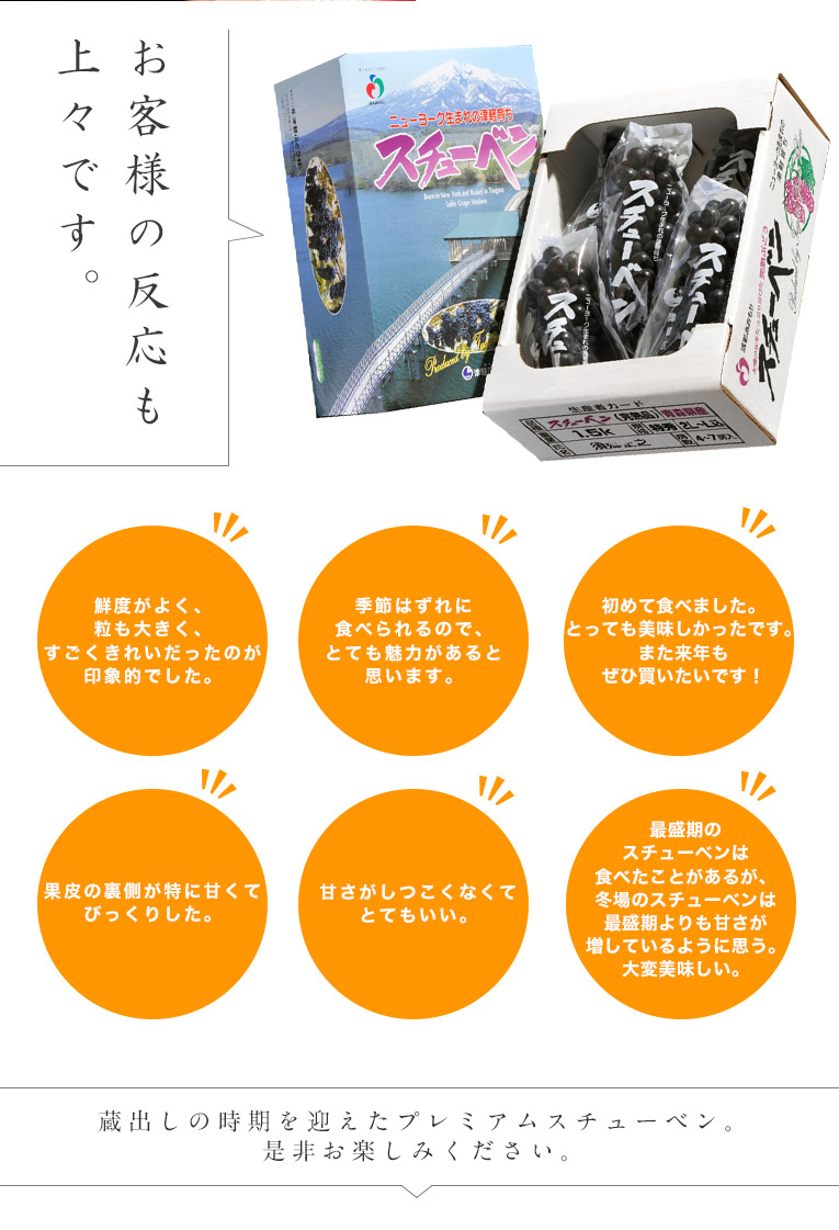 昨年初めてご紹介しお客様の反応も上々でした。■鮮度がよく、粒も大きく、すごくきれいだったのが印象的でした。■季節はずれに食べられるので、とても魅力があると思います。■初めて食べました。とっても美味しかったです。また来年もぜひ買いたいです!■果皮の内側の甘い部分(ジュルジュル?)が甘くてびっくりした。■甘さがしつこくなくてとてもいい。■最盛期のスチューベンは食べたことがあるが、冬場のスチューベンは最盛期よりも甘さが増しているように思う。大変美味しい。