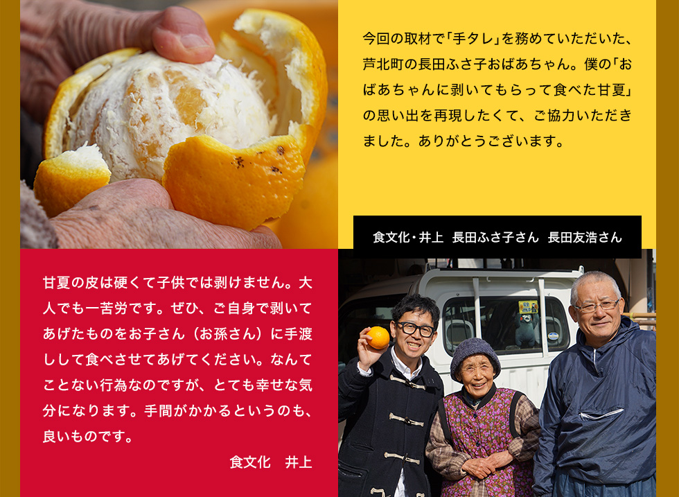 今回の取材で「手タレ」を務めていただいた、芦北町の長田ふさ子おばあちゃん。僕の「おばあちゃんに剥いてもらって食べた甘夏」の思い出を再現したくて、ご協力いただきました。ありがとうございます。甘夏の皮は硬くて子供では剥けません。大人でも一苦労です。ぜひ、ご自身で剥いてあげたものをお子さん(お孫さん)に手渡しして食べさせてあげてください。なんてことない行為なのですが、とても幸せな気分になります。手間がかかるというのも、良いものです。